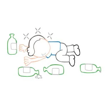 Vector hand-drawn cartoon of drunk man lying on floor with empty beer bottles Stock Illustration
