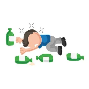 Vector hand-drawn cartoon of drunk man lying on floor with empty beer bottles Stock Illustration