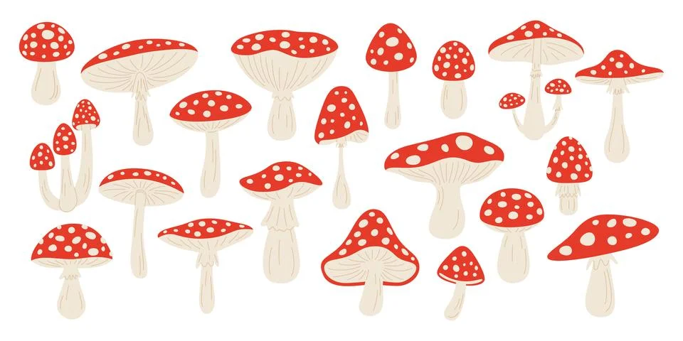 Vector Hand Drawn Cartoon Fly Agaric Mushrooms. Amanita Muscaria, Fly Agaric Illustrazione stock