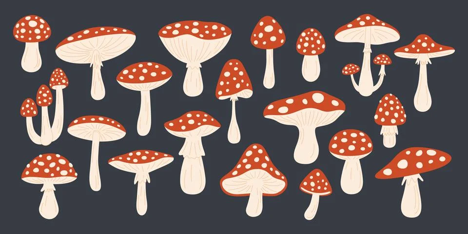 Vector Hand Drawn Cartoon Fly Agaric Mushrooms. Amanita Muscaria, Fly Agaric Illustrazione stock