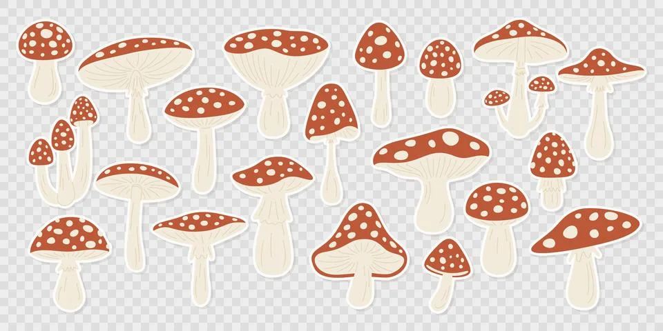 Vector Hand Drawn Cartoon Fly Agaric Mushroom Stickers Isolated. Amanita Illustrazione stock