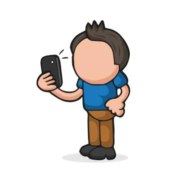 Vector hand-drawn cartoon of man standing holding smartphone and taking selfi Illustrazione stock