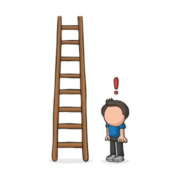 Vector hand-drawn cartoon of man looking wooden ladder with exclamation mark Stock Illustration