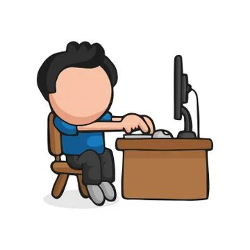 Vector hand-drawn cartoon of man sitting behind desk working on computer Stock Illustration