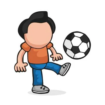 Vector hand-drawn cartoon of man standing kicking playing soccer ball Stock Illustration