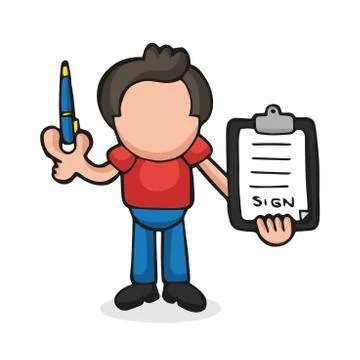 Vector hand-drawn cartoon of man holding pen and clipboard of document for si Stock Illustration