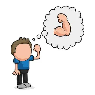 Vector hand-drawn cartoon of man standing dreaming of being muscular Stock Illustration