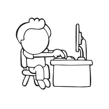 Vector hand-drawn cartoon of man sitting behind desk working on computer イラスト素材