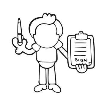 Vector hand-drawn cartoon of man holding pen and clipboard of document for si Stock Illustration