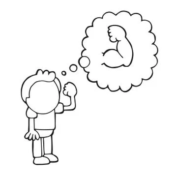 Vector hand-drawn cartoon of man standing dreaming of being muscular Illustrazione stock