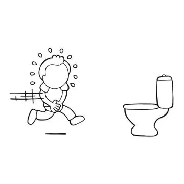 Vector hand-drawn cartoon of man running to pee on toilet bowl Stock Illustration