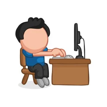 Vector hand-drawn cartoon of man sitting behind desk working on computer Stock Illustration