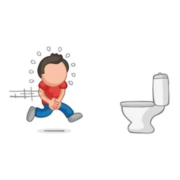 Vector hand-drawn cartoon of man running to pee on toilet bowl Stock Illustration