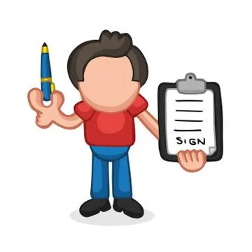 Vector hand-drawn cartoon of man holding pen and clipboard of document for si Stock Illustration