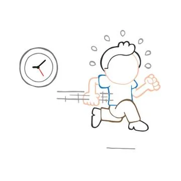 Vector hand-drawn cartoon of man running late with clock Illustrazione stock