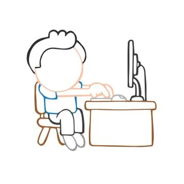 Vector hand-drawn cartoon of man sitting behind desk working on computer Stock Illustration