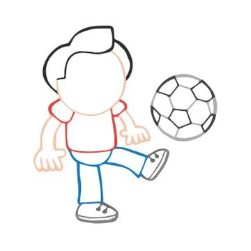 Vector hand-drawn cartoon of man standing kicking playing soccer ball Illustrazione stock