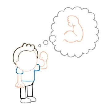 Vector hand-drawn cartoon of man standing dreaming of being muscular Stock-Illustration