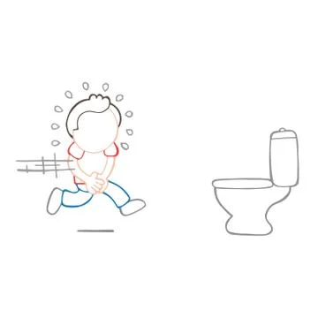 Vector hand-drawn cartoon of man running to pee on toilet bowl Stock Illustration