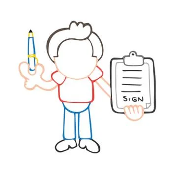 Vector hand-drawn cartoon of man holding pen and clipboard of document for si Stock Illustration