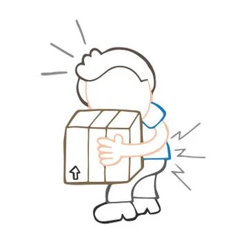 Vector hand-drawn cartoon of man walking carrying heavy box and get pain from Ilustración de archivo