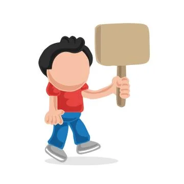 Vector hand-drawn cartoon of man walking holding blank placard Stock Illustration
