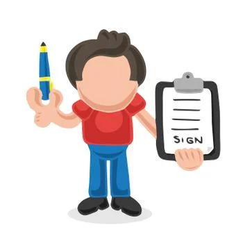 Vector hand-drawn cartoon of man holding pen and clipboard of document for si Stock Illustration