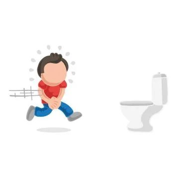 Vector hand-drawn cartoon of man running to pee on toilet bowl Stock Illustration
