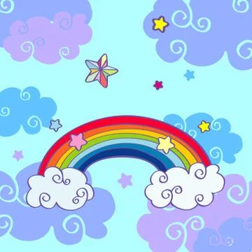 Vector hand drawn cartoon rainbow and clouds Stock Illustration