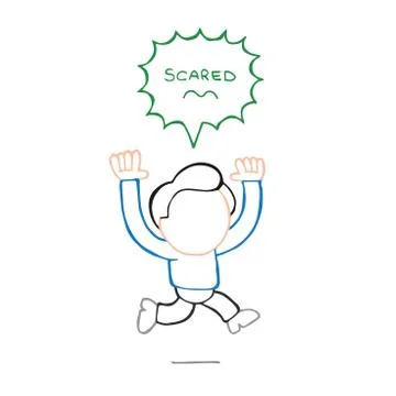 Vector hand-drawn cartoon of running man with scared thought bubble Stock Illustration
