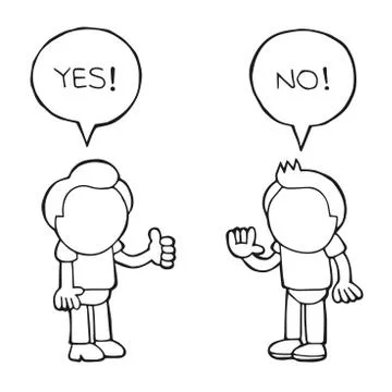 Vector hand-drawn cartoon of two men arguing yes no in speech bubbles Stock Illustration