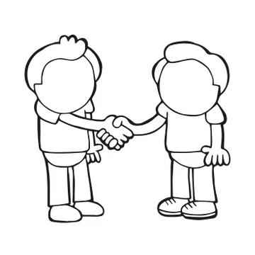 Vector hand-drawn cartoon of two men standing shaking hands Stock Illustration