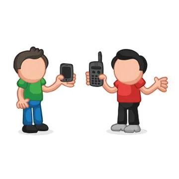Vector hand-drawn cartoon of two men show their new and old phones each other Stock Illustration