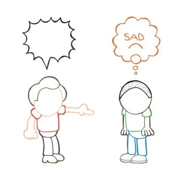Vector hand-drawn cartoon of white man racist to black man, stop racism Stock Illustration