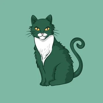 Vector hand-drawn cat isolated on green background. Stock Illustration
