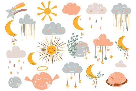 Vector hand drawn celestial set with moon cloud. Stock Illustration