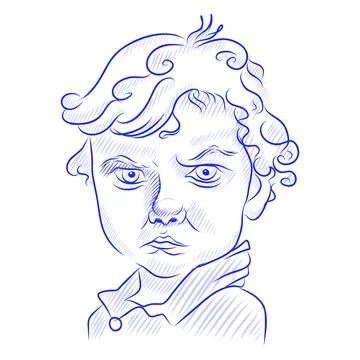 Vector hand drawn child portrait, unhappy little cute boy, blue line art Stockillustratie