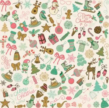 Vector Hand Drawn Christmas Doodles Seamless Background Stock Illustration