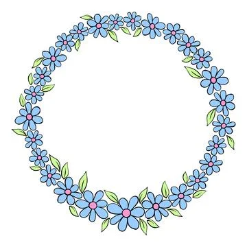 Vector hand drawn circle frame, border, wreath from color small flowers in .. Illustrazione stock