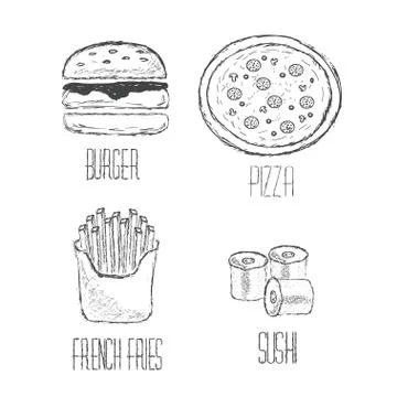 Vector Hand drawn collection of fast food, junk food. Set Sushi, pizza, burge Stock Illustration