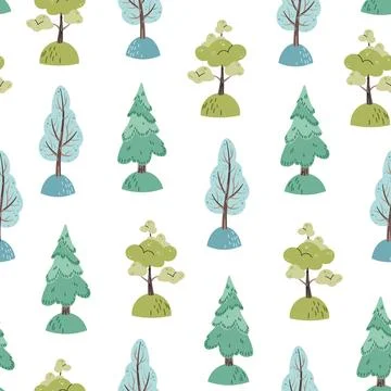 Vector hand drawn color children's seamless pattern with trees in flat styl.. 스톡 일러스트