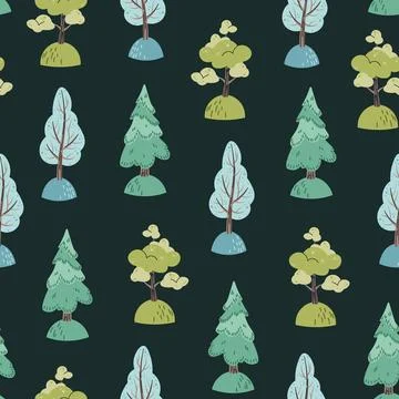 Vector hand drawn color children's seamless pattern with trees in flat styl.. 스톡 일러스트