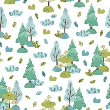 Vector hand-drawn color children's seamless pattern with trees in Scandinavia 스톡 일러스트