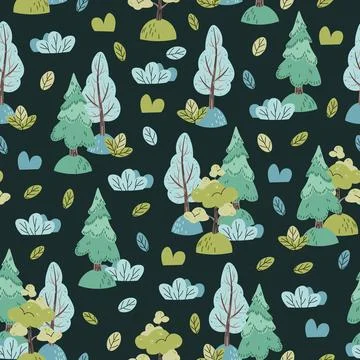 Vector hand-drawn color children's seamless pattern with trees in Scandinavia Stock Illustration