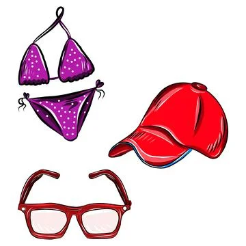 Vector hand-drawn color illustration of a beach set, a red cap, a women s s.. Stockillustratie