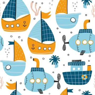Vector hand-drawn color seamless repeating childish simple pattern with cute Stock Illustration