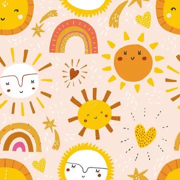 Vector hand-drawn color seamless pattern with cute smiling sun. Cute simple イラスト素材