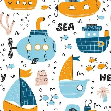Vector hand-drawn color seamless repeating childish simple pattern with cute 스톡 일러스트