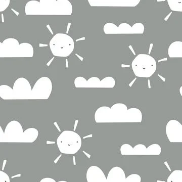 Vector hand-drawn color seamless pattern with cute smiling sun and clouds. イラスト素材