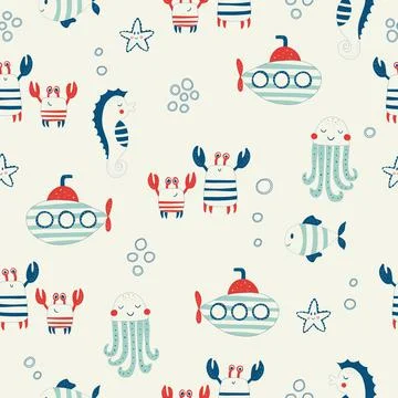 Vector hand drawn colored childish seamless repeat simple flat pattern with Illustrazione stock